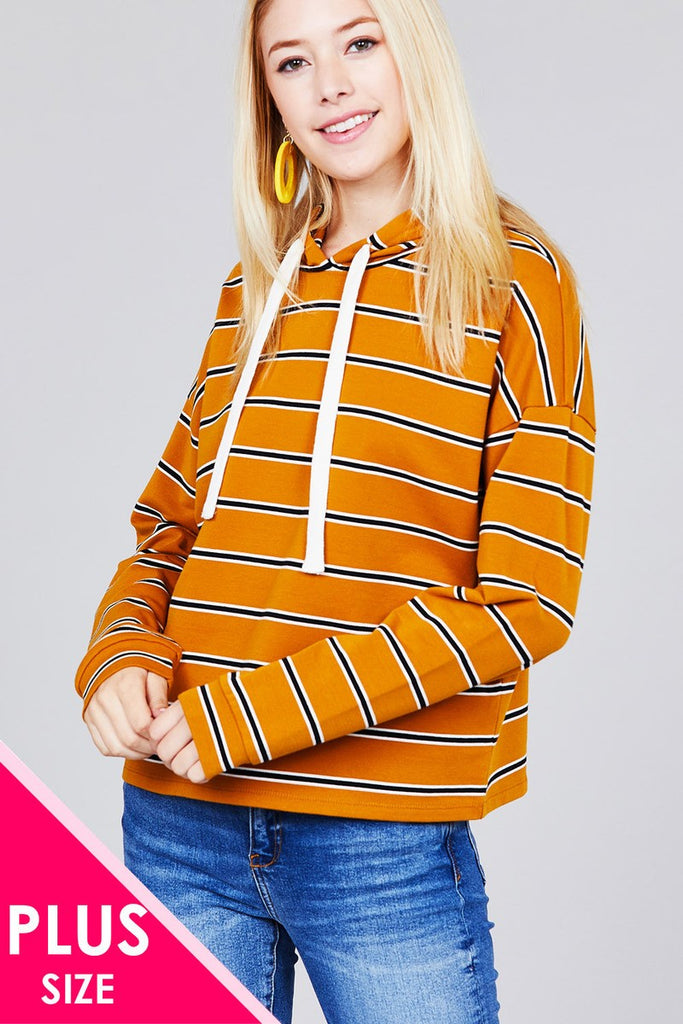 CARLENE Long sleeve hoodie w/drawstring stripe french terry top