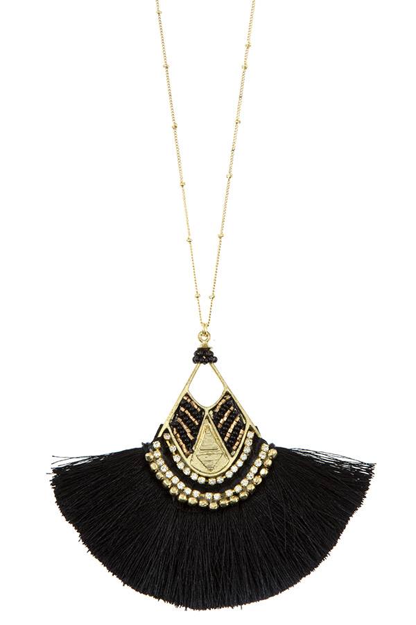 Mix jewel bead fringe tassel fan pendant long necklace