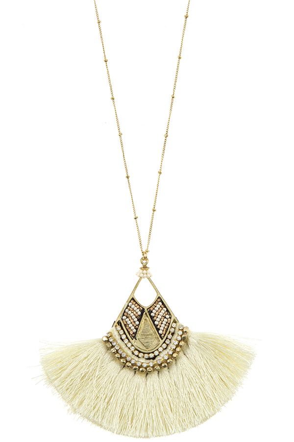 Mix jewel bead fringe tassel fan pendant long necklace