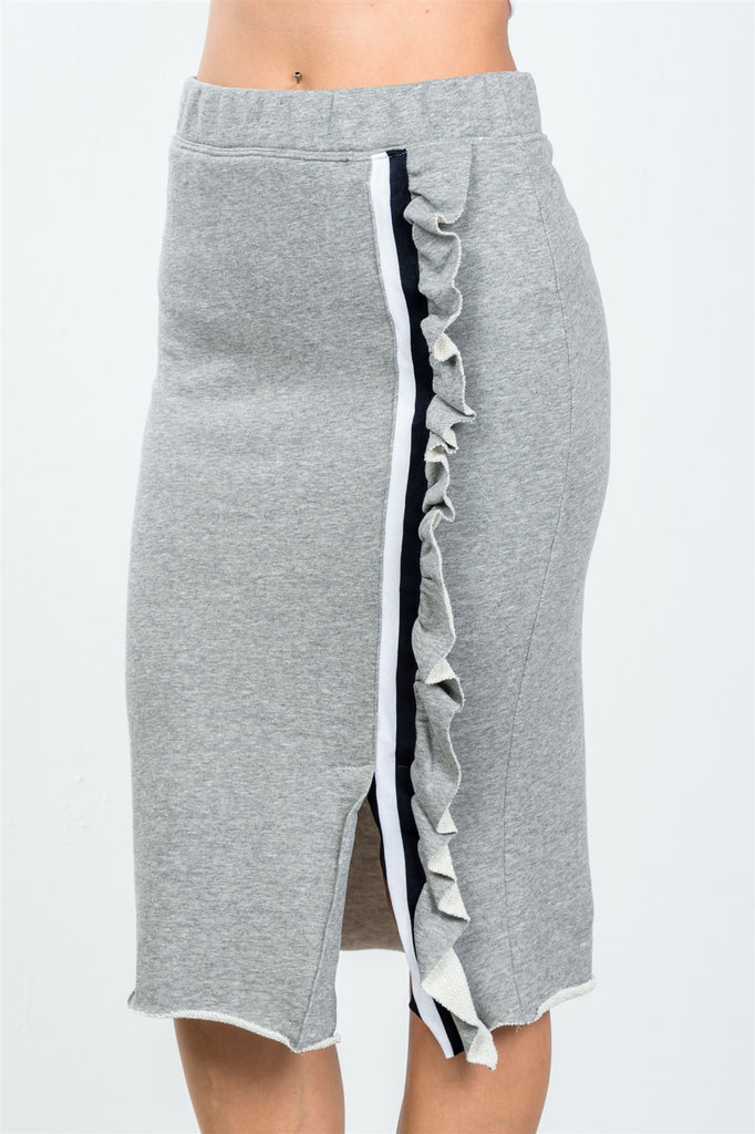 CASANDRA contrast striped ruffle midi sweat skirt
