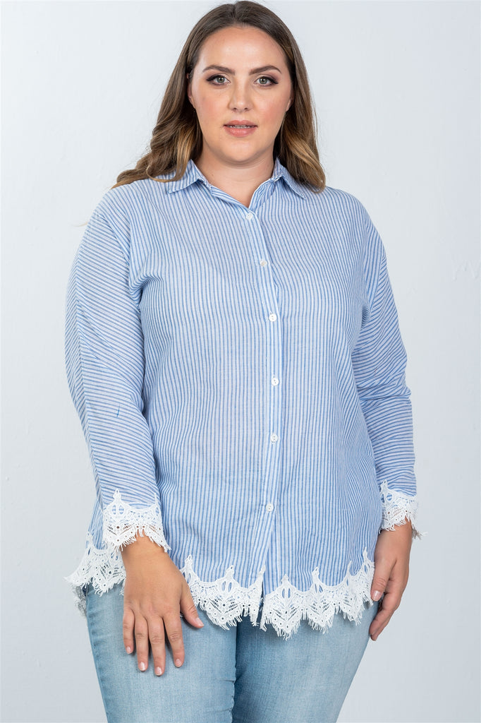 SABRINA Boho stripe crochet-hem button-up shirt