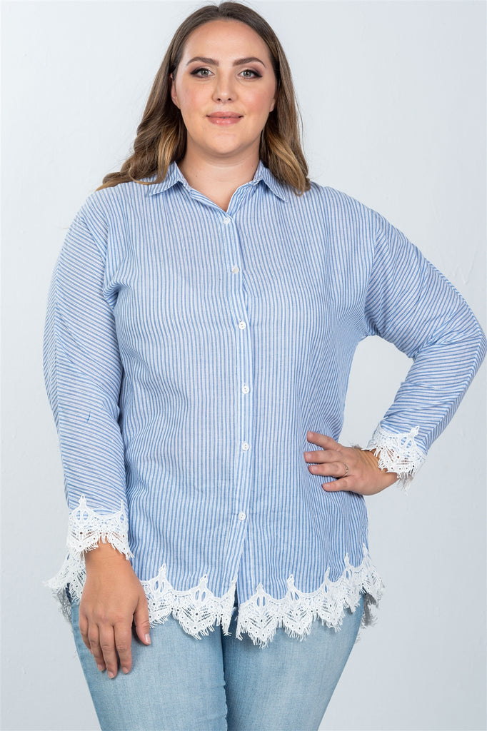 SABRINA Boho stripe crochet-hem button-up shirt