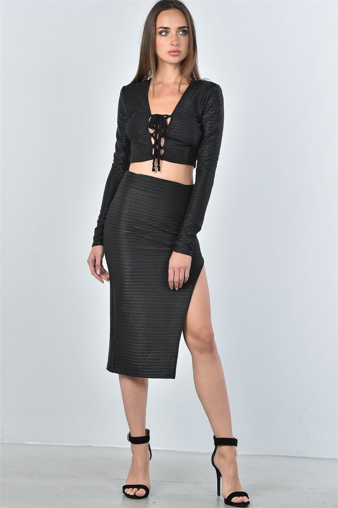 GINGER black textured lace up top and high split midi skirt set