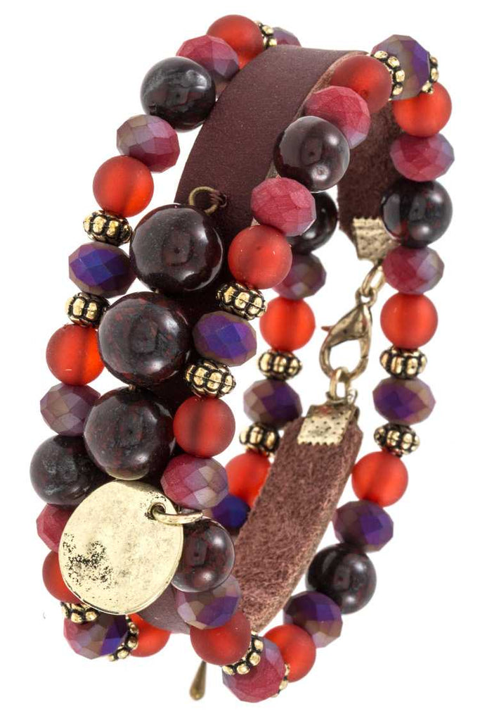 Three piece mix bead faux leather bracelet