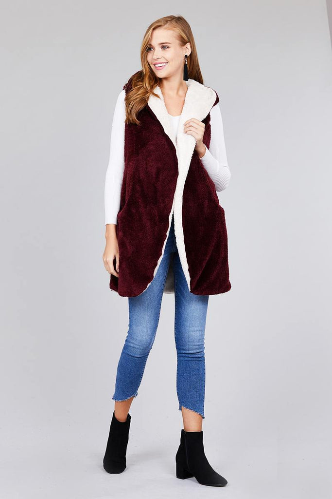 NELLIE open front w/hoodie faux fur soft fluffy vest