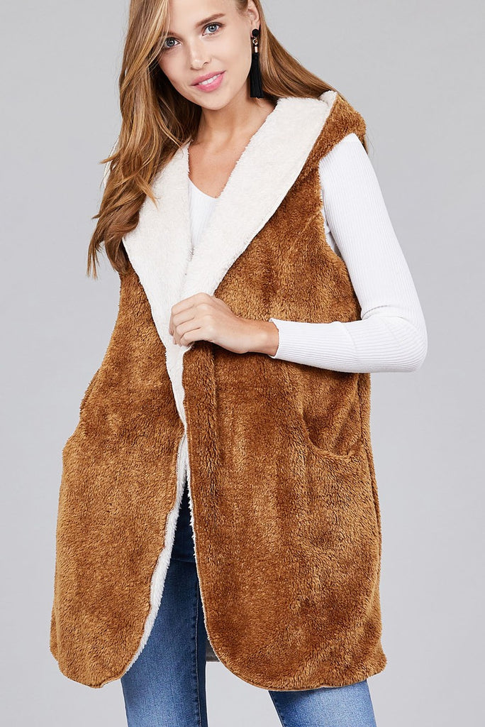 EVIE open front w/hoodie faux fur soft fluffy vest