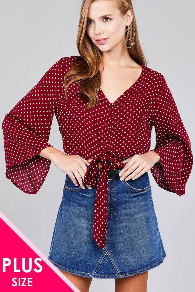 JANIE 3/4 bell sleeve v-neck front tie Top
