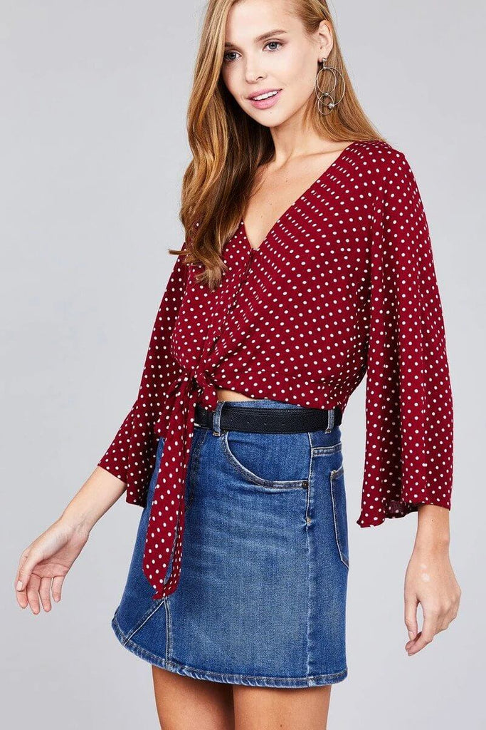 JANIE 3/4 bell sleeve v-neck front tie Top