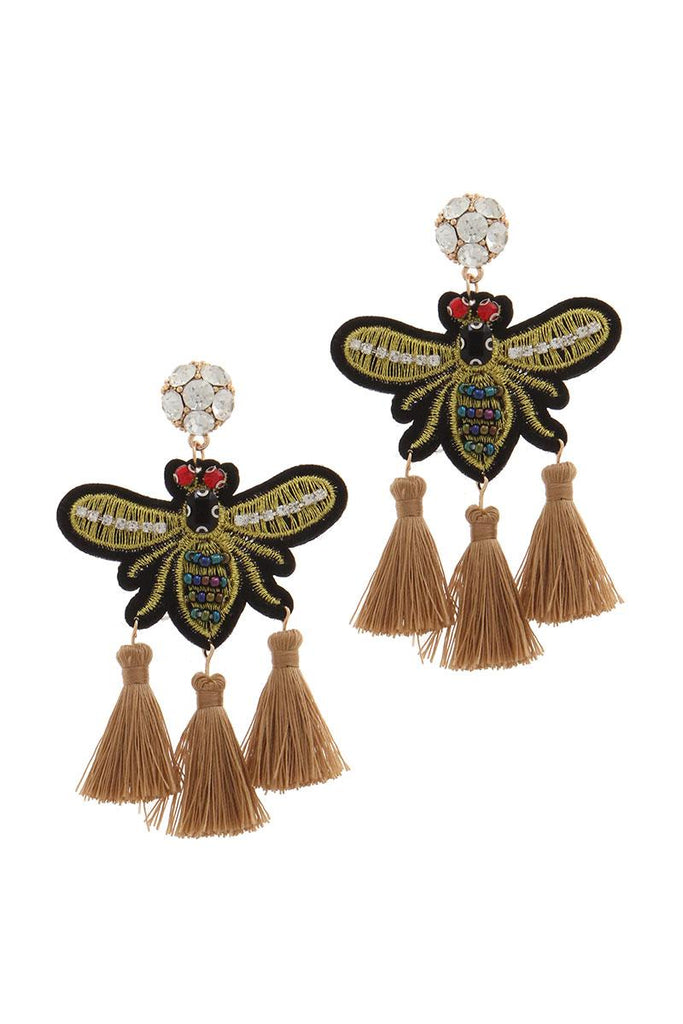 Rhinestone embroidered insect tassel post drop earring