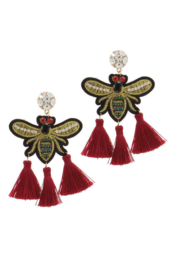 Rhinestone embroidered insect tassel post drop earring