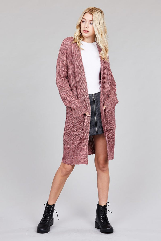 ALAINA Dolman sleeve open front w/patch pocket marled sweater cardigan