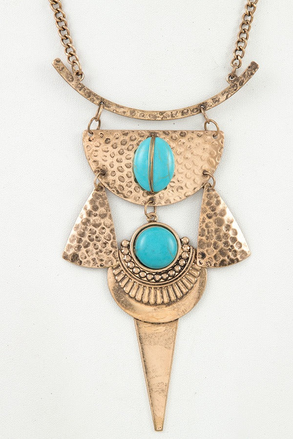 Tribal hammered metal with gem stone linked necklace set
