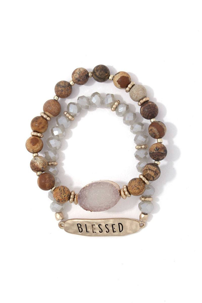 Blessed engraved beaded stretch bracelet
