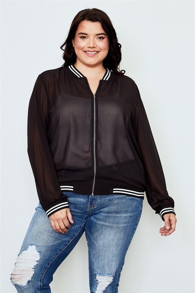 NINA Black sheer mesh zipper front jacket