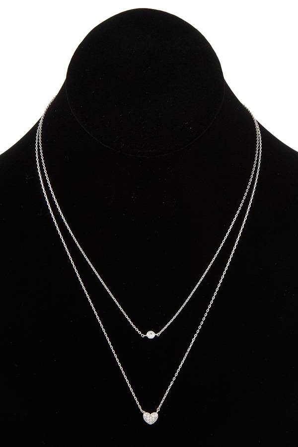 Double row cz stone heart pendant necklace