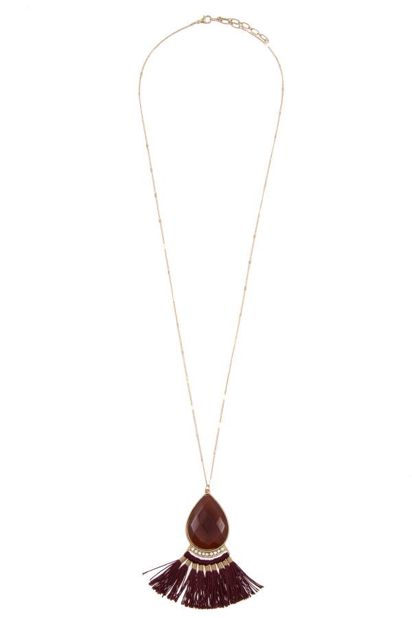 Faceted gem tassel link long necklace