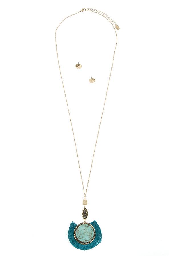 Elongated gem disk pendant necklace set