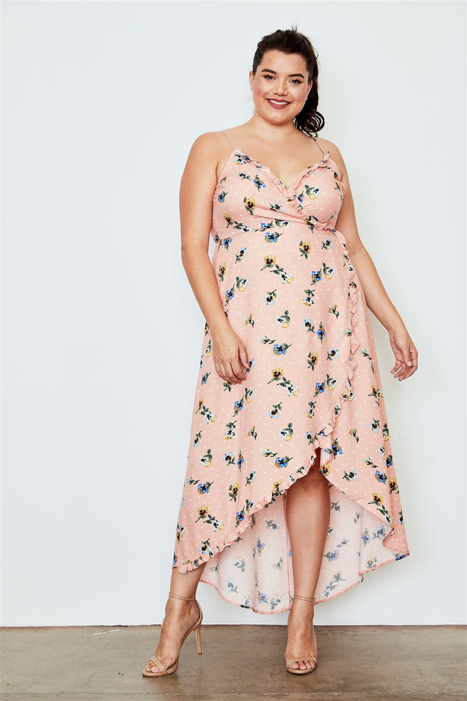 ISABELLA Peach Flower Print Hi-low Wrap Midi Dress