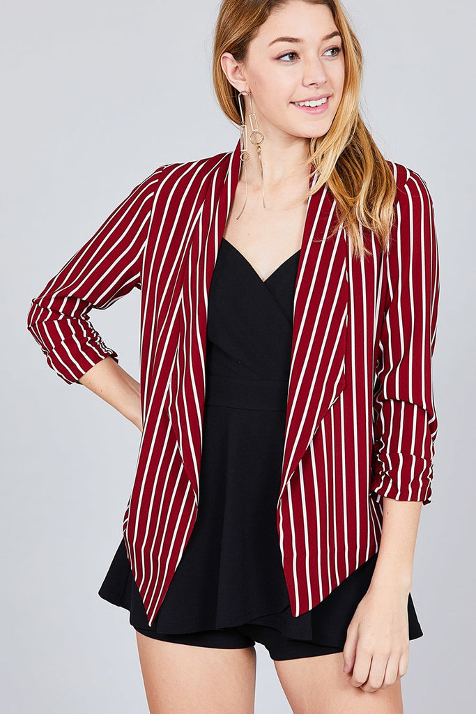 BRIANNA Shirring Sleeve Open Front W/label Striped Jacket