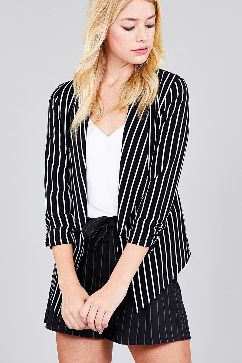 LYLA Shirring Sleeve Open Front W/label Striped Jacket