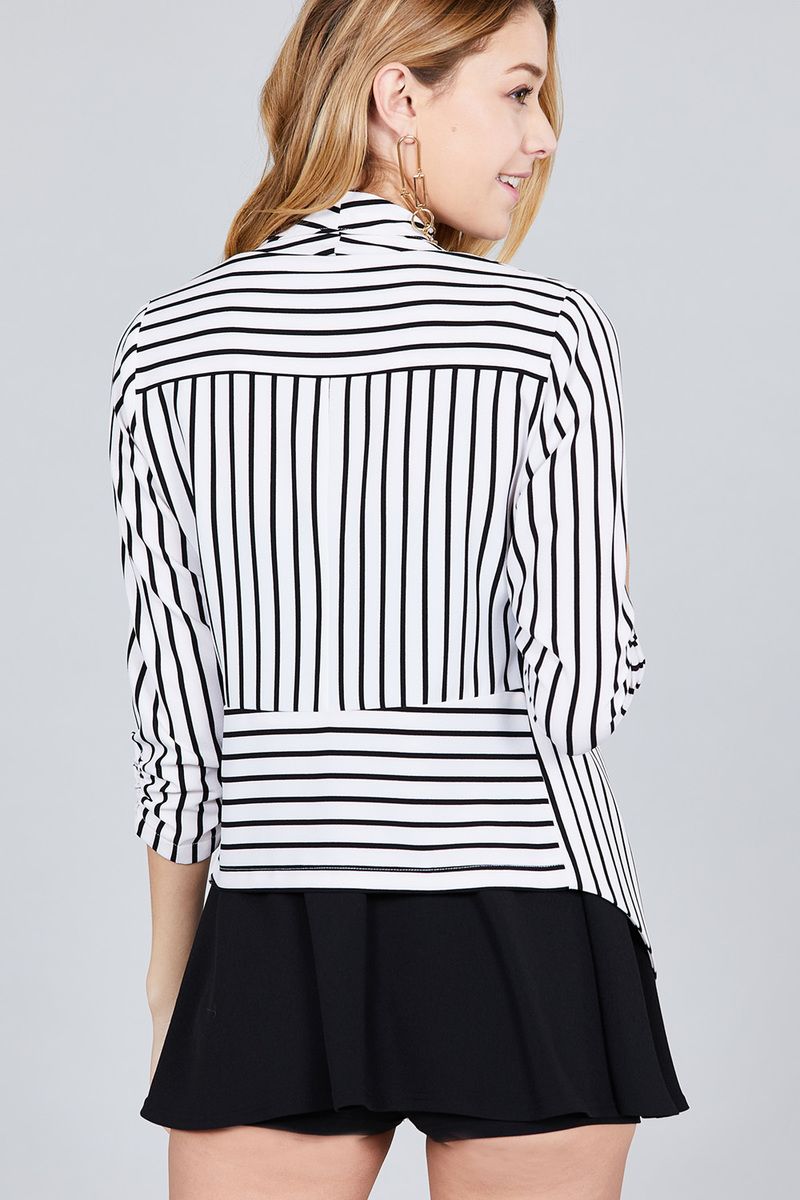 Shirring Sleeve Open Front W/label Striped Jacket