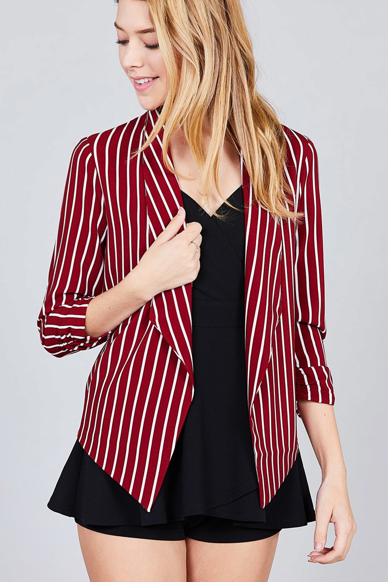 BRIANNA Shirring Sleeve Open Front W/label Striped Jacket
