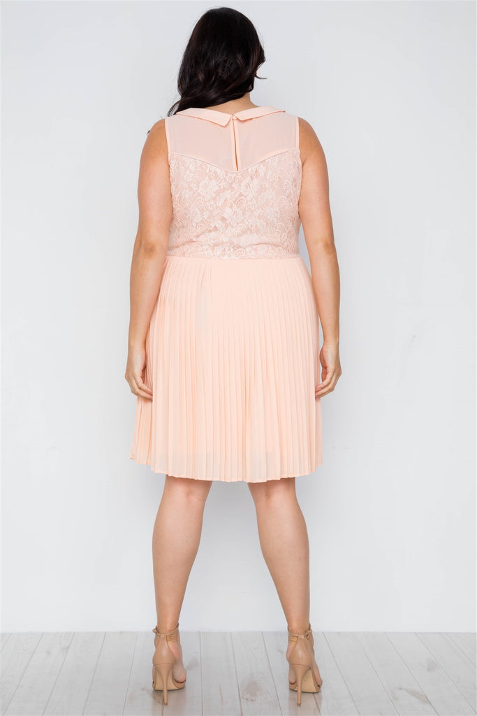 SOPHIA Peach Pleated Chiffon Lace Sleeveless Dress