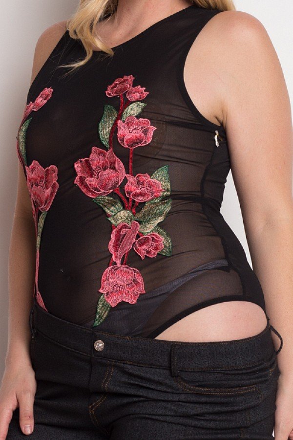FEI Floral Embroidery Mesh Bodysuit