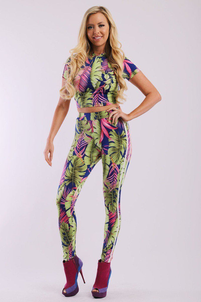 ADELE Leaf Print And Striped Side Contrast 2 Pieces Set