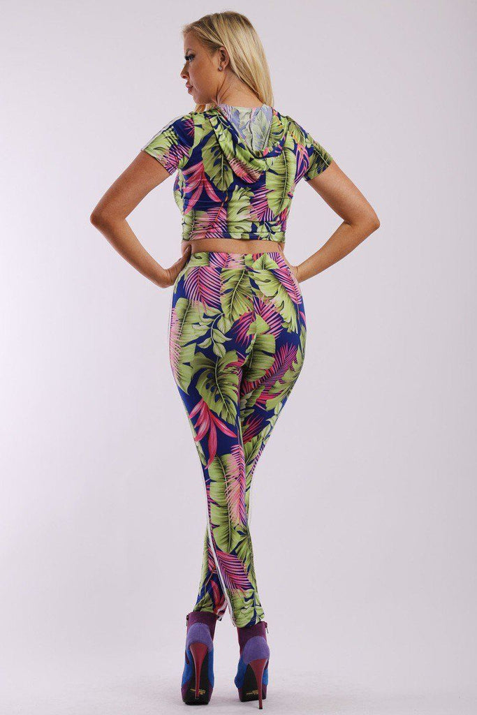 ADELE Leaf Print And Striped Side Contrast 2 Pieces Set