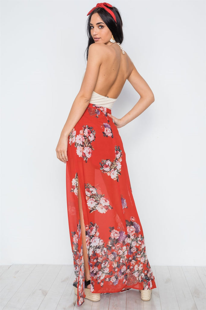 DANNY Floral Side Slits High-waist Maxi Skirt