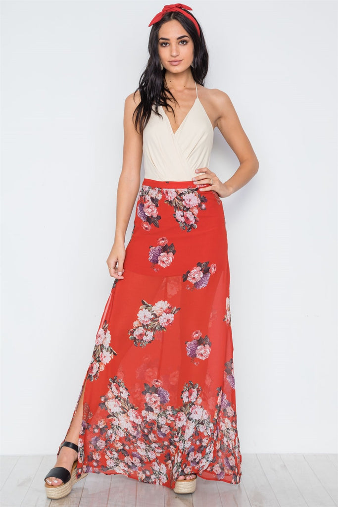 DANNY Floral Side Slits High-waist Maxi Skirt