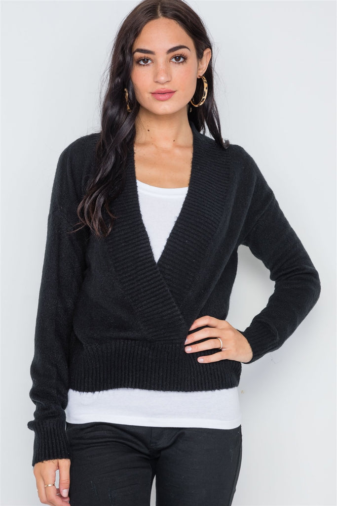 AYLA Black Knit Deep V-neck Surplice Long Sleeve Sweater