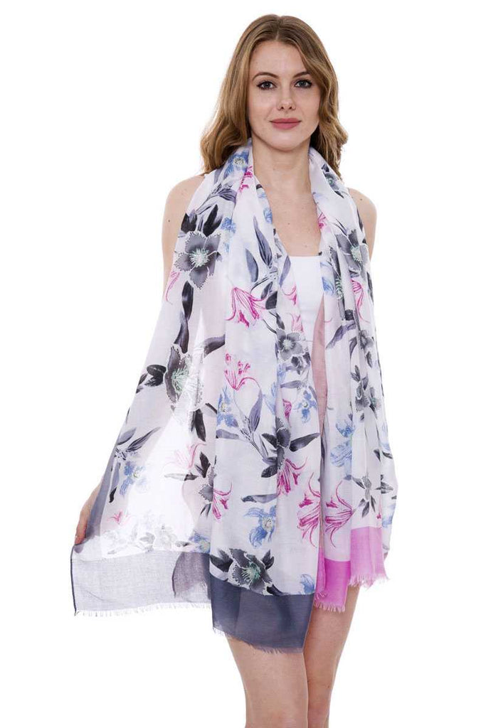 Soft Floral Print Oblong Scarf With Short Trim