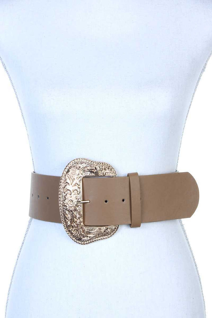 Filigree wide metal buckle pu leather belt