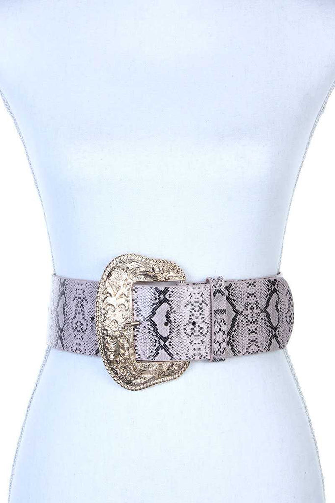 Filigree Wide Metal Buckle Animal Print Pattern Pu Leather Belt
