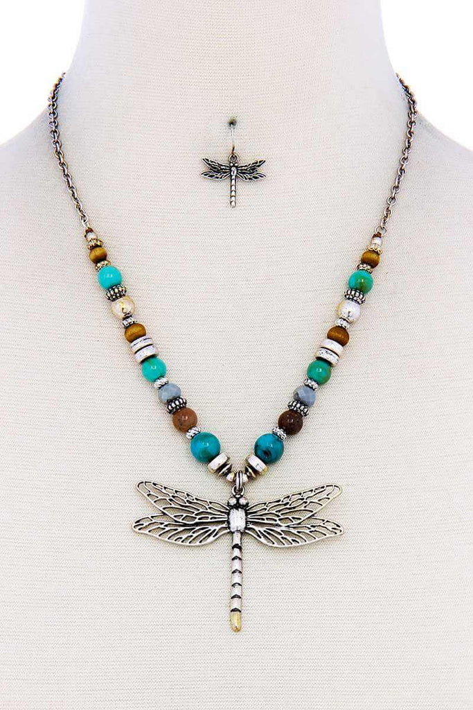 Fashion Bead Dragonfly Pendant Necklace And Earring Set