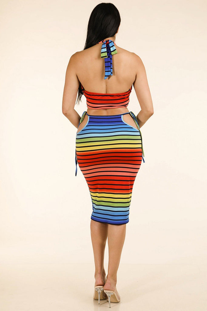 ANY Rainbow Stripe Halter Top & Side Cutout Midi Skirt