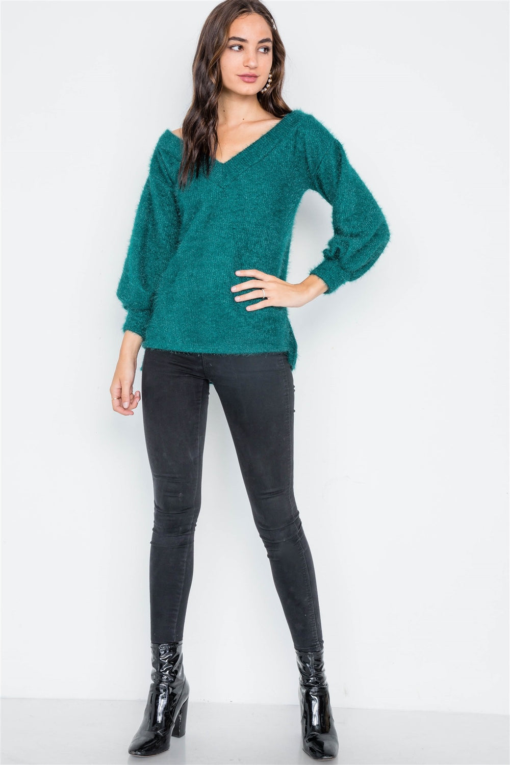 Teal Fuzzy Long Sleeve V-neck Sweater