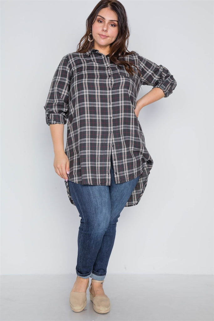 Plus Size Green Taupe Plaid Long Sleeve Top
