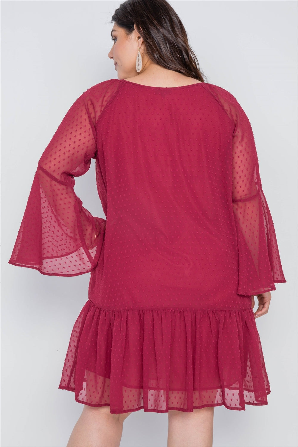 Plus Size Burgundy Bell Sleeves Shirred Dress
