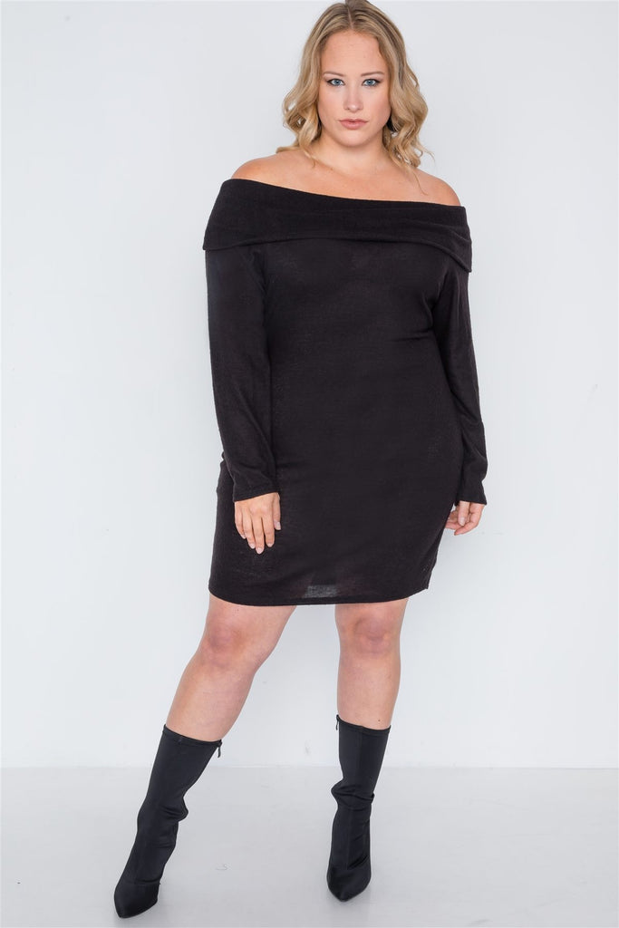 Plus Size Black Off-the Shoulder Long Sleeve Dress