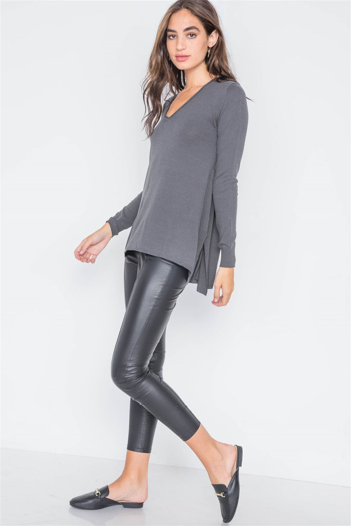 Knit V-neck Casual Solid Long Sleeve Sweater
