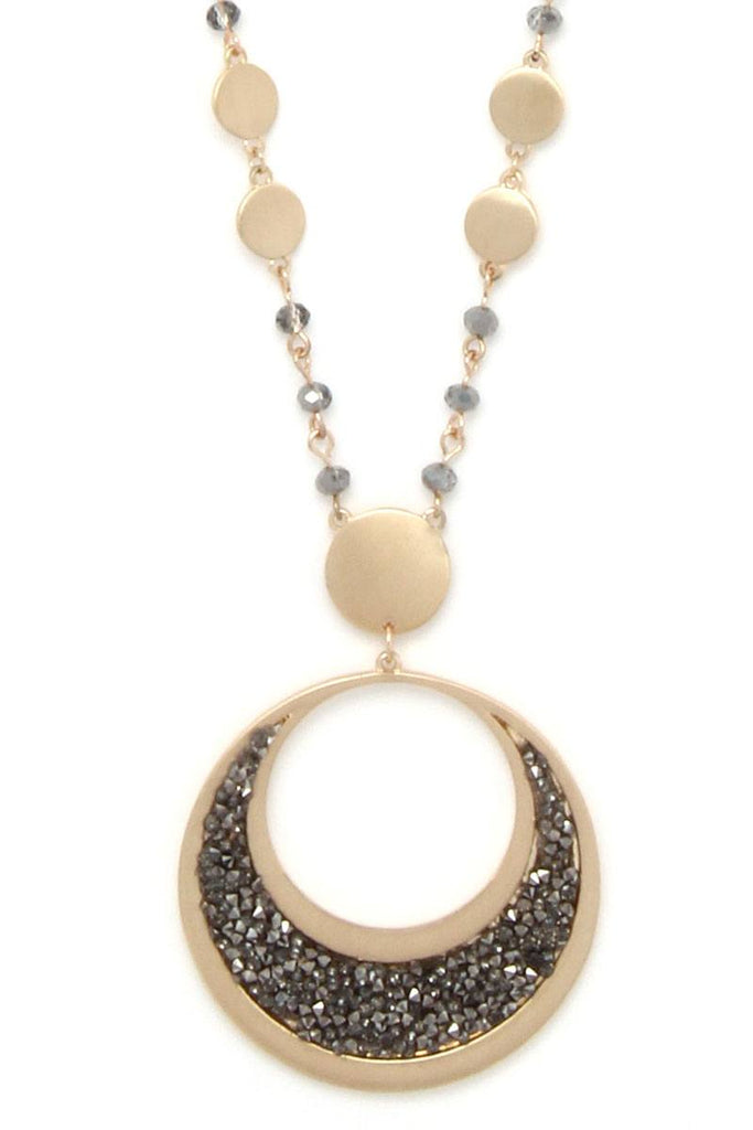 Cut Out Circle Rhinestone Pendant Beaded Long Necklace