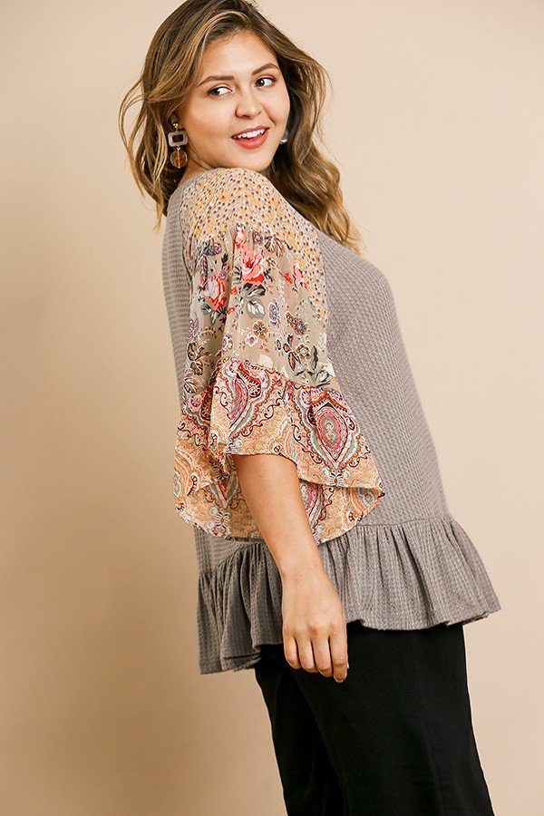 Floral Paisley Mixed Print Bell Sleeve Waffle Knit Top