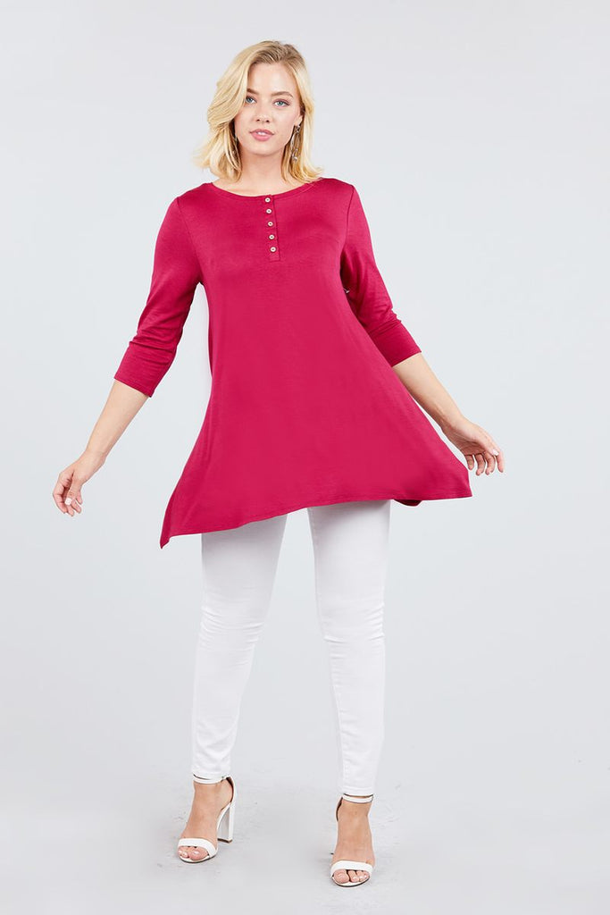 3/4 Sleeve Button Placket Rayon Spandex Top