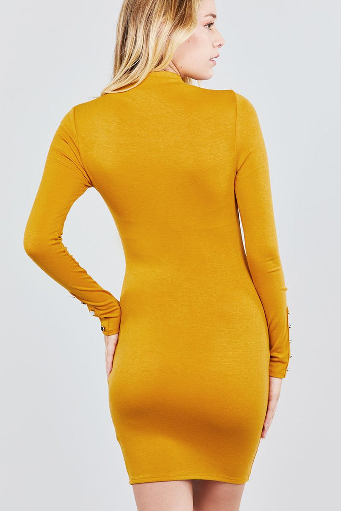 OLGA Long Sleeve W/button Detail High Neck Knit Mini Dress
