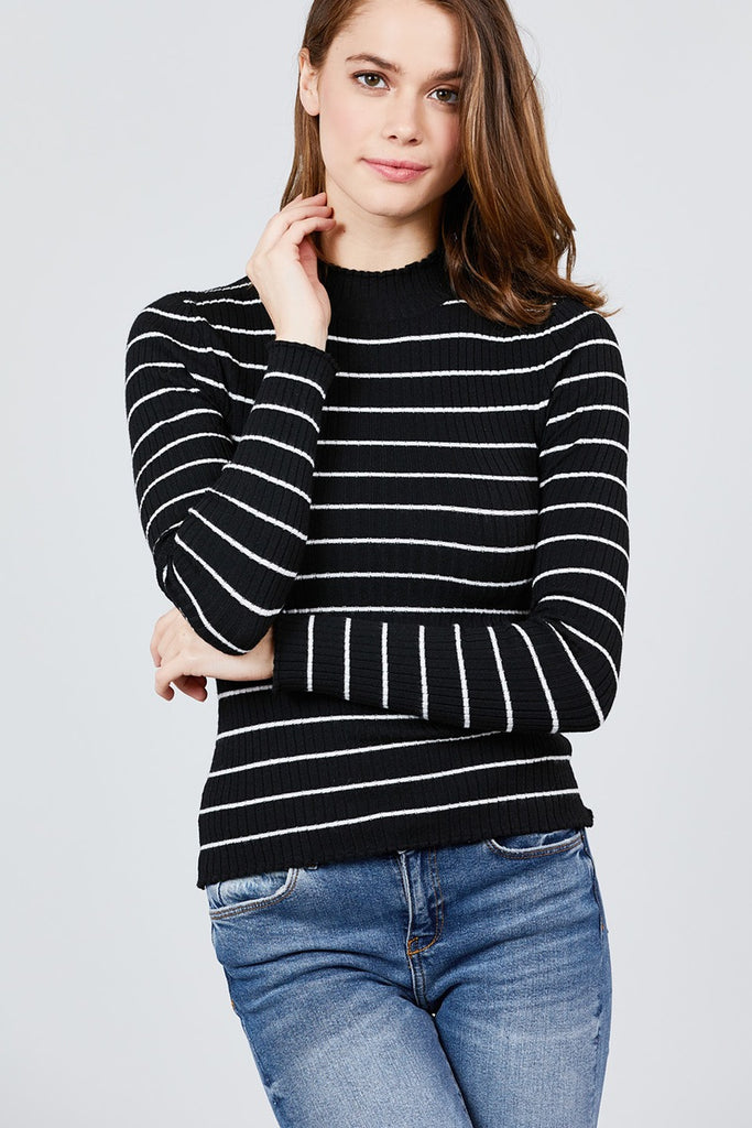 Long Sleeve Mock Neck Stripe Rib Sweater Top