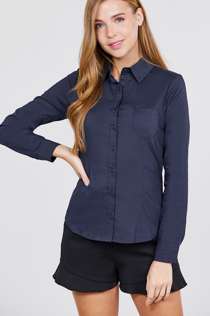 Long Sleeve Princess Line One Side Pocket Button Down Woven Shirts