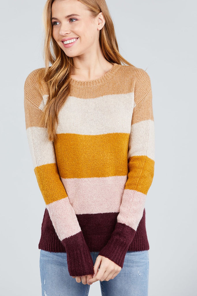 Long Sleeve Round Neck Color Block Sweater